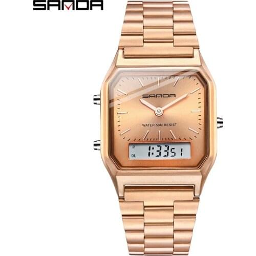 New Sanda 474 Men Watch Square Stainless Steel Luxury Quartz Digital Display Women Sports Waterproof zegarek damski Wristwatches