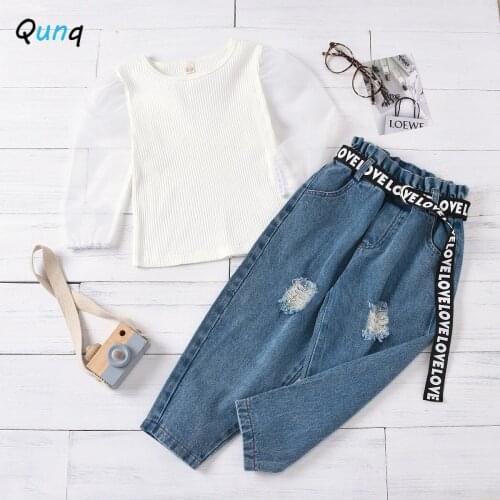 Qunq Fashion Girl Suits 2021 New Spring Summer Toddler Children Set White Shirt Broken Hole Jeans withe Letter Belt Kids Clothes