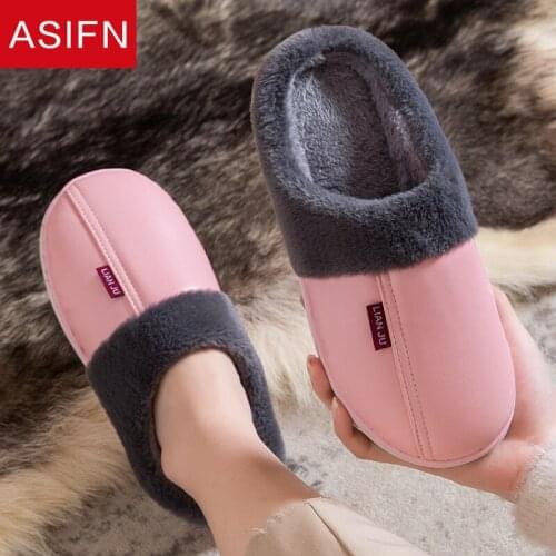 ASIFN House Women Winter Fuzzy Slippers Thick Soled Warm Household Plush Non-slip Fur Zapatillas De Mujer Cotton Men Slippers