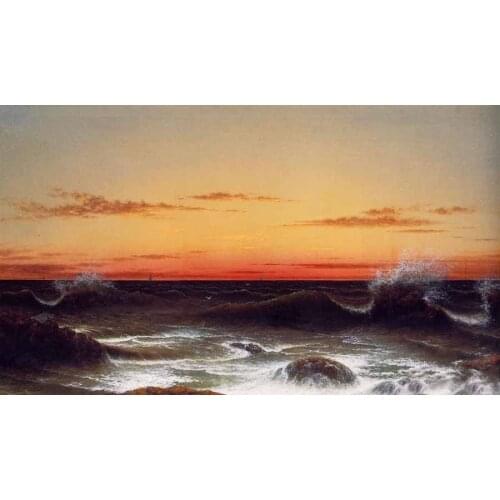 Beautiful Landscape Art Oil Painting on Canvas for Home Decor Seascape, Sunset with Waves by Martin Johnson Heade Hand Painted