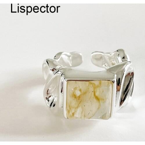 Lispector 925 Sterling Silver Korean Square Natural Stone Rings for Women Irregular Texture Thick Rings Unisex Casual Jewelry