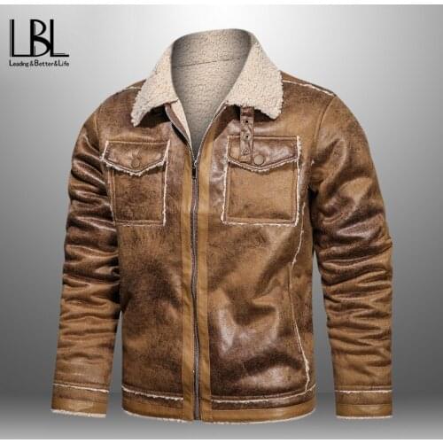 Mens Casual Leather Jackets Zipper Fleece Thick Windproof Coats Male Fashion Wool Jackets Warm Streetwear 2021 Autumn Winter