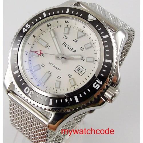 44mm BLIGER 21 jewels Miyota 8215 automatic watch White Dial Date window Bracelet automatic Men watch Relogio Masculino