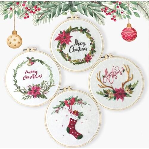 Christmas Easy Embroidery Kit for Beginner Printed Needlework DIY Sewing Art Wall Painting Reindeer, Socks, Snowman Holiday Gift