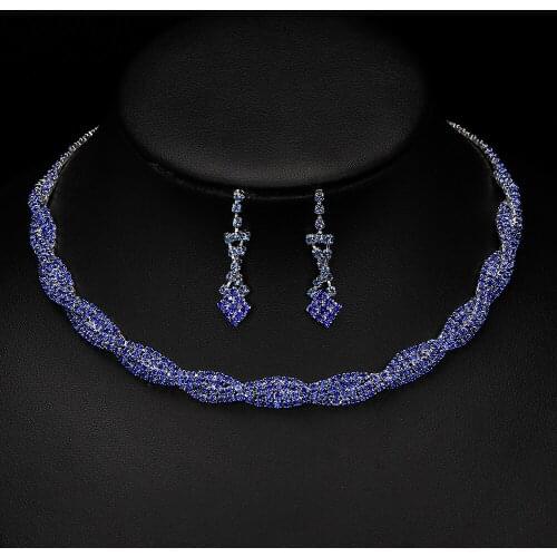 New Fashion Royal Blue Crystal Twisty Wedding Jewelry Sets for Women Rhinestone Choker Necklace Earrings Bridal Jewelry Sets