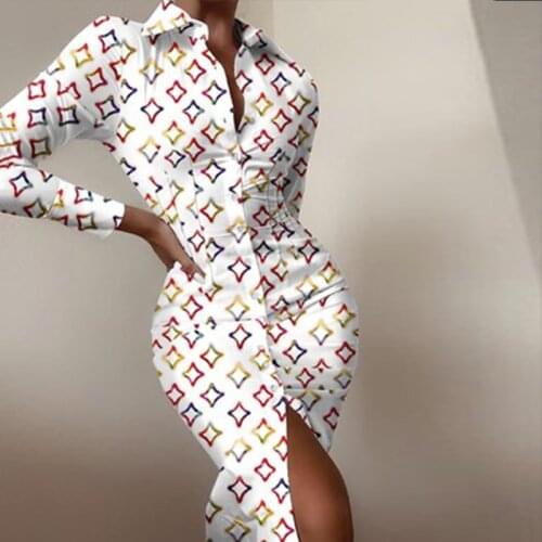 Autumn Women Long-sleeved Midi Dress Fashion Print Shirt Dress Elegant Ladies Stitch Long Shirt Dress Diamond Party Dresses