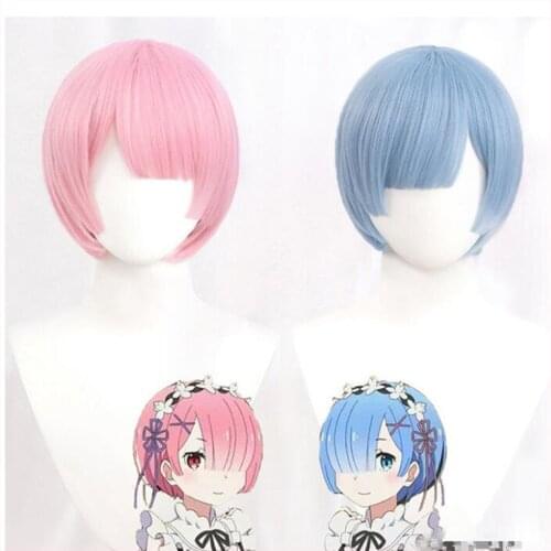 New Re:Life in a different world from zero Ram Rem Pink Blue Cosplay Wig Hair Wig Gradual Hair with Headwear Hairband Set