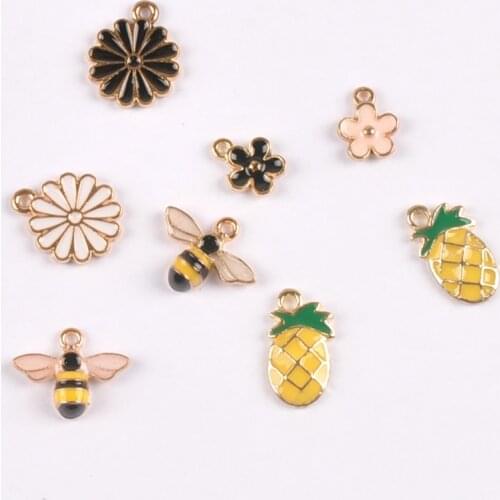10pcs Fashion Colorful Drop Oil Enamel Charms Flower bees and pineapples Pendant for Jewelry Bracelet Necklace Making YKL0633
