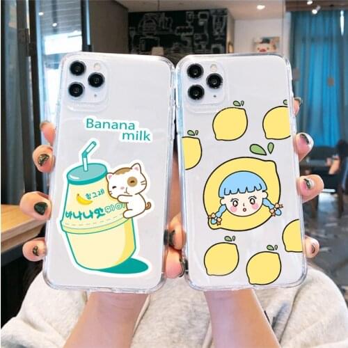 GYKZ Korea Banana Milk Cat Clear Phone Case For iPhone 11 Pro 12 XR X XS MAX SE20 7 8 6Plus Lemon Girl Soft Silicone Cover Funda