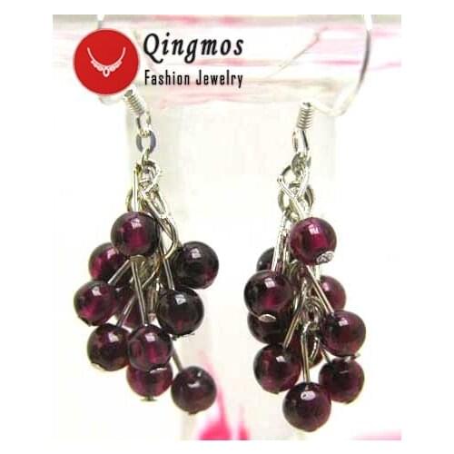 Qingmos Natural Brown Garnet Earring for Women with 4mm Round Stone Earring Grape Dangle Earring Jewelry Silver 925 Hook