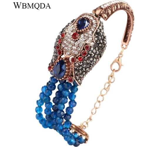 Wbmqda Luxury Blue Natural Stone Crystal Multilayer Beads Bracelets For Women Antique Gold Boho Statement Bangles Jewelry Gift