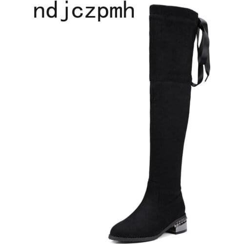 Over The Knee Boots Winter The New Fashion Pointed Zipper Thick Heel Mid Heel Long Boots Womens Shoes Plus Size 32-48 Black