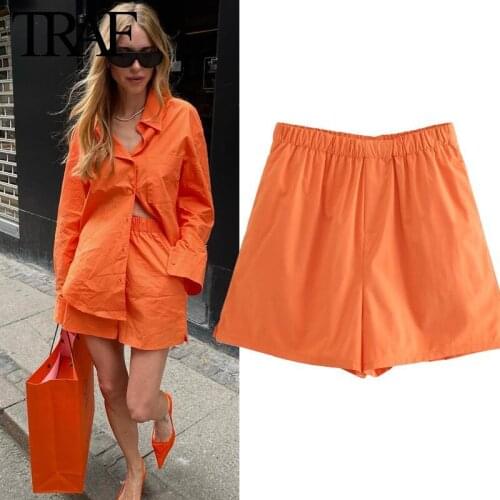 Traf Za Women Clothes Orange Sports Shorts Street Fashion Hot Pants Elastic High Waist Wide Leg Pants Home Pants Mujer