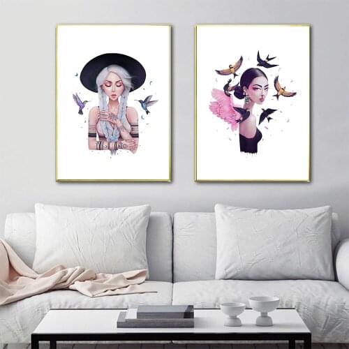 Nordic Modern Boho Girl With Bird Abstract Fashion Style Canvas Painting Art Print Poster Picture Wall Living Room Home Decor