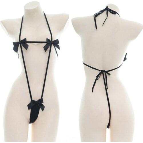 Sexy Womens Bowknot Bikini Suit Three Point Mini Jumpsuits Underwear Set Japanese Style Lace-UP One-Piece Pajamas Black