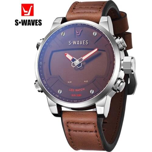 SWAVES Quartz Montre Homme 2019 Unique Leather Band Silver Coffee Watch Men Clock Waterproof LED Dual Display Wristwatch Mens