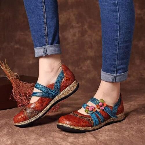 Womens Single Sandals Spring Autumn Retro British Flower Leather Combination Splicing Colored Princess Striped Wedge Flat Shoes