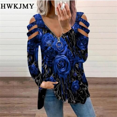 Autumn Casual Lady T-Shirts Women Fashion Flower Print Tee Streetwear V-Neck Zippers Tops Hollow Out Long Sleeve T-Shirt Pullove