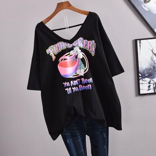 2021 New Large Size Women Summer Length Printing T-Shirt Short Sleeves Loose Comfortable V-neck T-shirt