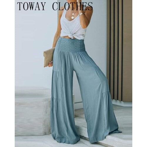 High Waist Hollow Out Ruched Wide Leg Pants Casual Light Gray Summer Autumn Pants For Women 2021