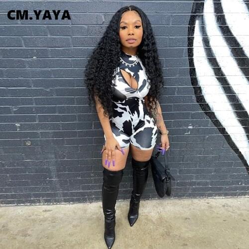 CM.YAYA Women Playsuit Print Short Sleeve Zipper Hollow Out Strechy Bodycon Playsuits Sexy Rompers One Piece Overalls Summer