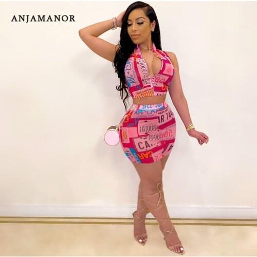 ANJAMANOR Letter Print 2 Piece Set Zipper Crop Top Skirt Sexy Club Dresses 2020 Summer Outfits for Women Matching Sets D57-AA69