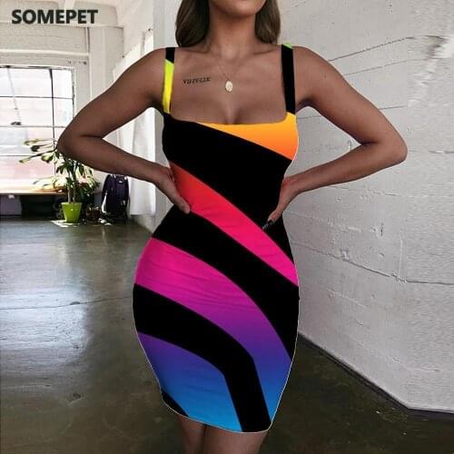 SOMEPET Zebra Dresses Women Stripe Sundress Colorful Bodycon Dress Rainbow 3d Print Womens Clothing Plus Size Vintage Boho Femme