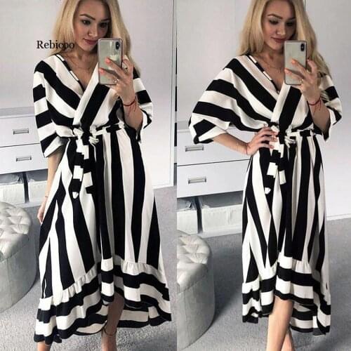 Women Fahsion Casual Asymmetrical Dress Stripe Bandage Loose V-Neck High Wasit Dress Summer Women Dresses Evening Party