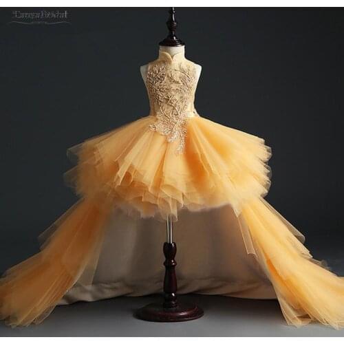 Gold Flower Girl Dresses for Weddings Short Front Long Back Birthday Party Dress for Girls Bead Two Pieces Ball Gown Dress XF015