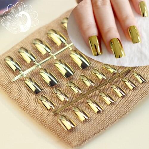 24pcs Sexy Metallic Nail Tips Acrylic Mirror Surface False Nails Long Size Gold Color in Simple Package