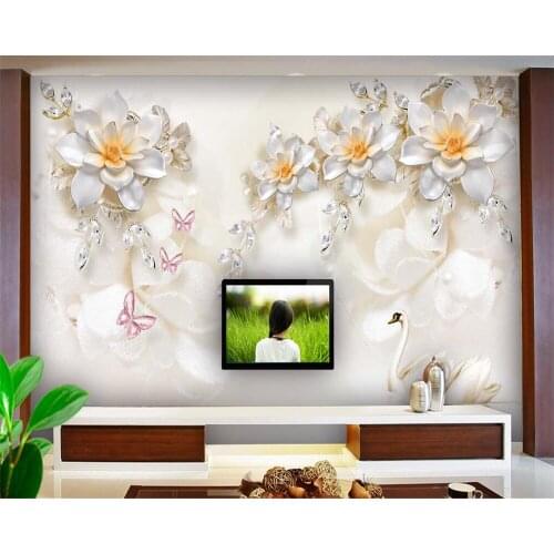 Beibehang Custom wallpaper 3d three-dimensional luxury swan flower soft pack jewelry tv background wall painting 3d wallpaper