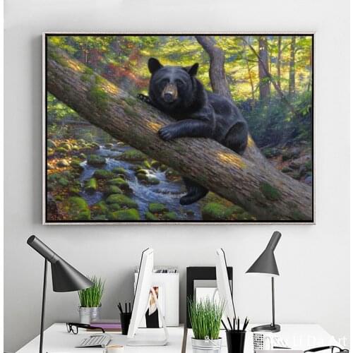 Free shipping animal black bear tree river scenery oil painting canvas prints printed on canvas wall art decoration picture