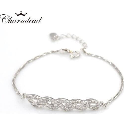 Charmlead 925 Sterling Silver Double Weave Sparkling Royal Style Bracelet Bling Cubic Stone Shine Fashion Girl Gift Jewelry