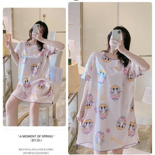 Disney 1pcs Cartoon Mickey Minnie Duck Girl Nightdress Summer Short-Sleeved Thin Cute Pajamas Women Comfortable Pajamas