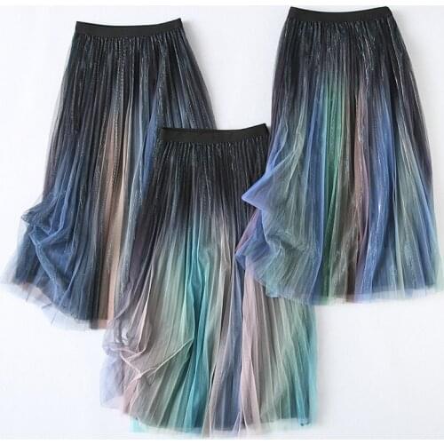 Gradient Color Tulle Skirt Women 2021 Spring Fashion High Waist Mid Chiffon Skirts Womens Slim A-line Pleated Skirt Femme