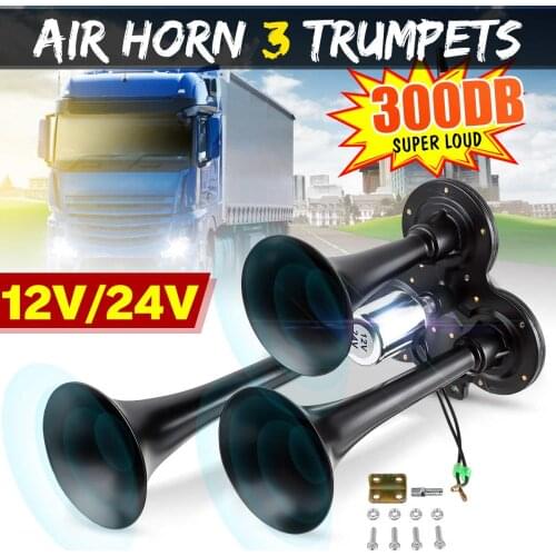 12V/24V 3-trumpet air horn 300DB Silver Zinc Alloy Chrome Plated 3-Trumpet Train Car Air Horn Kit for Trucks Cars Automobiles