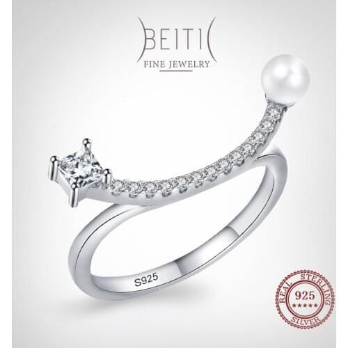 Beitil Fashion Smile Genuine 925 Sterling Silver Clear Zircon Pearl Rings For Women Wedding Engagement Fine Female Jewelry