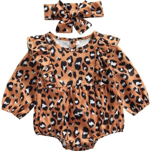 Baby Girls Two-piece Clothes Set, Caramel Leopard Printed Pattern Round Collar Romper and Headdress