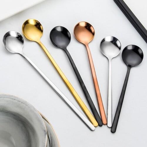 Korean Round Stainless Steel Spoons with Long Handle 13 15 17 Cm Honey Dipper Mixing Stick Dessert Coffee Cake