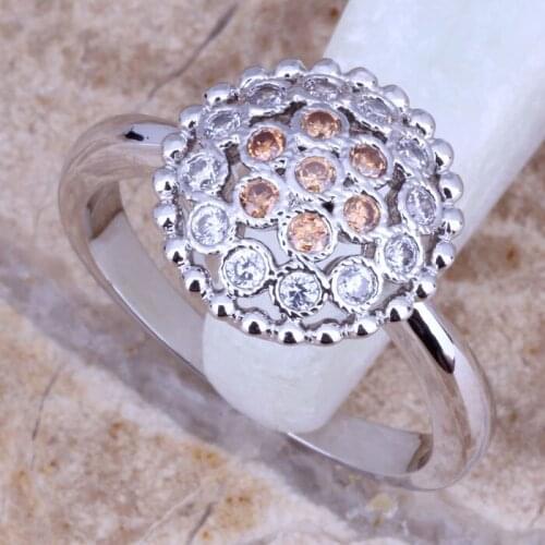 Champagne Morganite White CZ Silver Plated Fashion Ring Size 6 / 7 / 8 / 9 E181