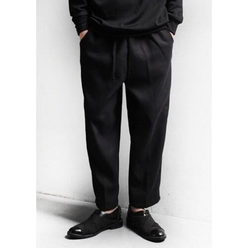 New mens simple front pleat wide leg straight tube loose Korean Capris casual pants versatile trend
