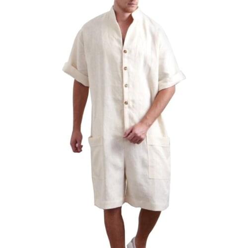 Men Short Sleeve Stand Collar Single-Breasted Hip-hop Short Trousers Jumpsuit