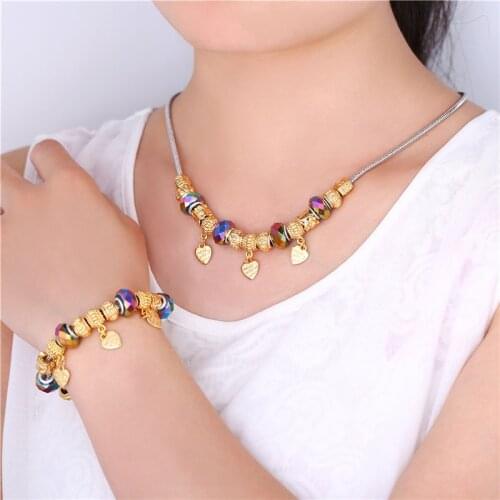 Kpop Choker Necklace Bracelet Set For Women Gold Color Chain Trendy New Crystal Glass Beads Heart Jewelry Set NH128