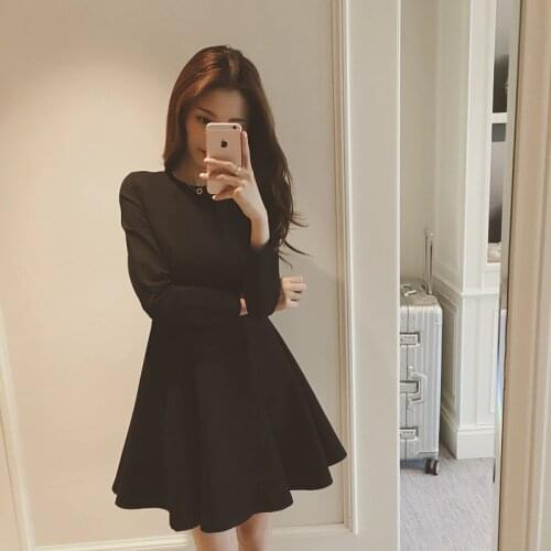 2020 new autumn Korean classic Hepburn little black dress thin long sleeved dress air cotton A word female backing slim