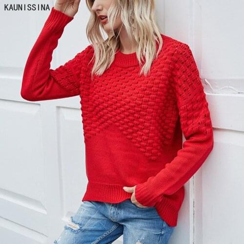Autumn Winter Round Neck Pullover Sweaters Women Knitted Sweater Solid Color Long Sleeved Acrylic Hollow Red Christmas Sweater
