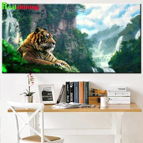Full square Round 5D DIY Diamond painting jungle waterfalls Tiger diamond embroidery full display mosaic Cross Stitch art N2117