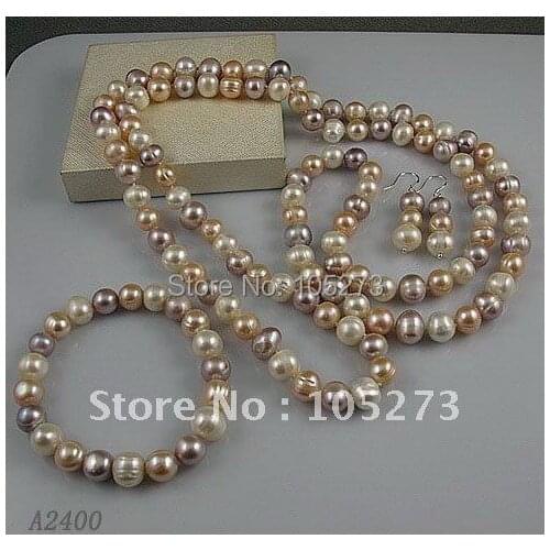 Stunning!jewelry set AA 9-10mm white pink purple Genuine freshwater pearl necklace bracelet earring Hot sale free shipping A2400