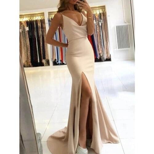 Simple Design Evening Dress Spaghetti Straps Side Split Mermaid Long Prom Dresses