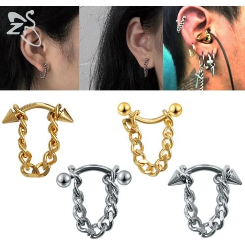 ZS 1/2pc Tassel Stainless Steel Stud Earring For Men Punk Rock Cone Ball Chain Drop Earrings Ear Helix Industrial Conch Piercing