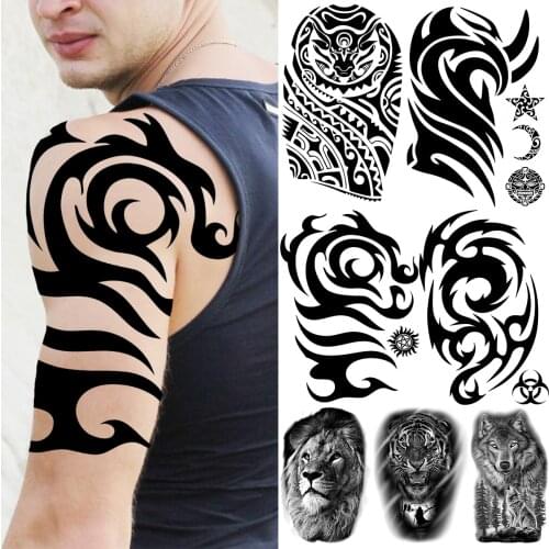 Black Armband Temporary Tattoos For Men Boys Lion Tiger Wolf Totem Fake Tattoo Sticker Waterproof Arm Body Tatoos Maori